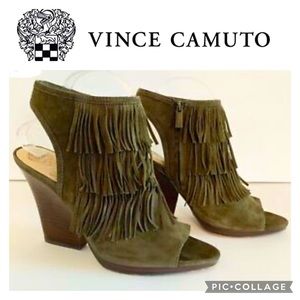 Vince Camuto Jayden fringe peep toe wedge sandals booties Olive Suede leather